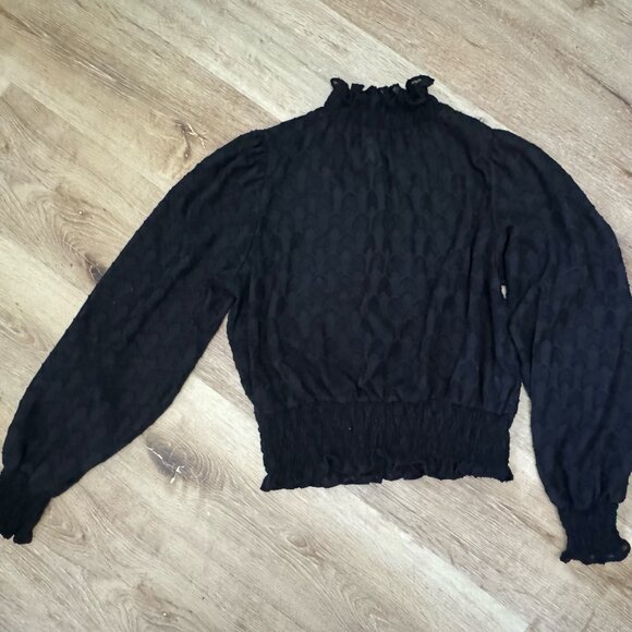 Black Lace Smocked Ruffle Mock Neck Blouse | Statement Top - Picture 6 of 6